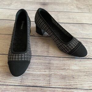 Vivaia Julie Pro Black Tweed Round Almond Toe Chunky Heels